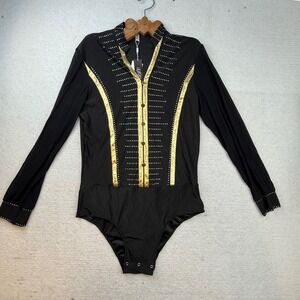 IEFIEL Black Gold Rhinestone Studded Long Sleeve Bodysuit XL mob wife 80s